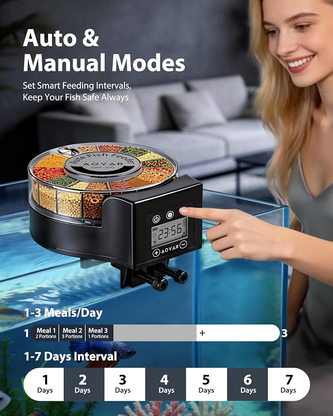 Automatic Fish Feeder Dispenser for Aquarium: Auto Precision Food Feeding 300ml Large Capacity for Powder Flakes Pellet, Battery Feeders Timer for Small Tank Turtle Betta Koi Vacation Weekend Day