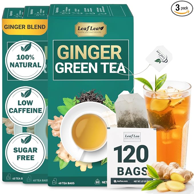 LeafLea Green Tea Bags With Ginger, Digestion & Immune Support, 120 Count | Spicy-Warming Ginger Green Tea For The Whole Family, Stevia-Sweetened, Gluten-Free, Sugar-Free