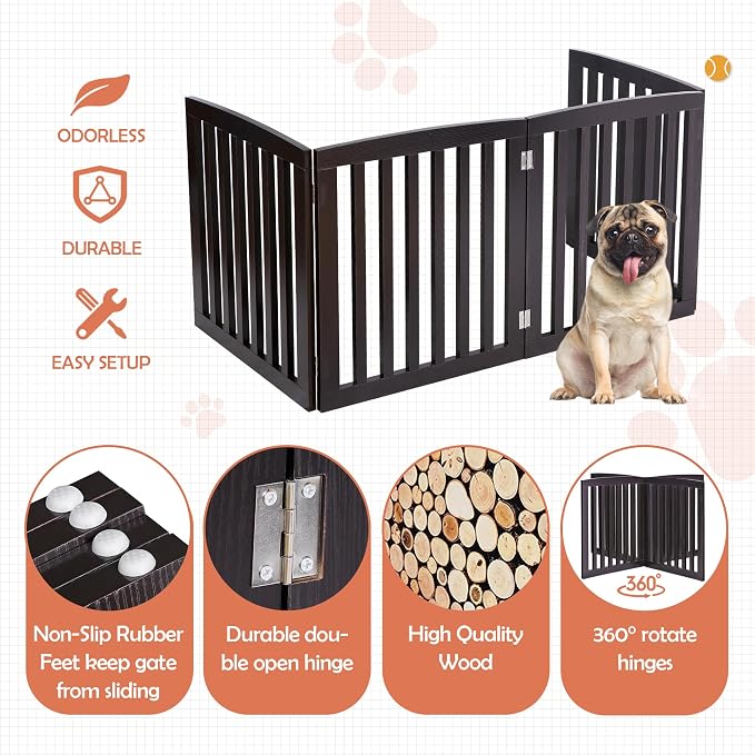 Dog Gate Pet Gate Indoor for Stairs Doorways 82x24 Inch 4 Panels Dog Fence Extra Wide Wooden Black