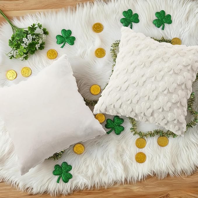 decorUhome Faux Fur Throw Shamrock Cream White Pillow Covers 18x18 Set of 2 | Plush Soft Wool St. Patrick’s Day Throw Pillow Covers, Accent Modern Farmhouse Pillow Covers Holiday Decor for Sofa Bed