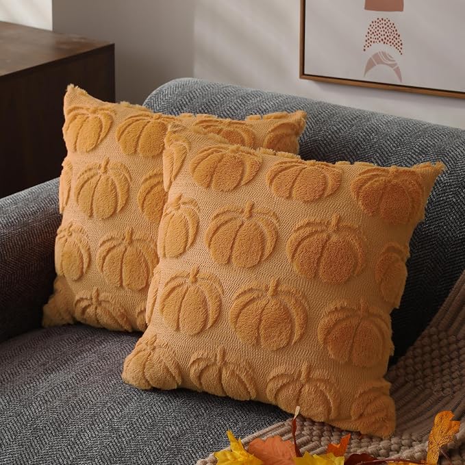 DFXSZ Fall Pillow Covers 12x20 2Pcs Light Orange Pumpkin Fall Decorations | Fall decor Set of 2 Throw Pillow Cases Soft Plush Faux Fur Wool Couch Cushion for Chair Sofa Bedroom Living Room Home Decor