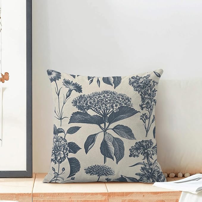 Floral Pillow Covers 20x20 Set of 2 Vintage Blue Hydrangea Herbs Botanical Throw Pillow Cover Outdoor Decoration Boho Flower Pillowcase Farmhouse Decorative Linen Cushion Case for Home Couch
