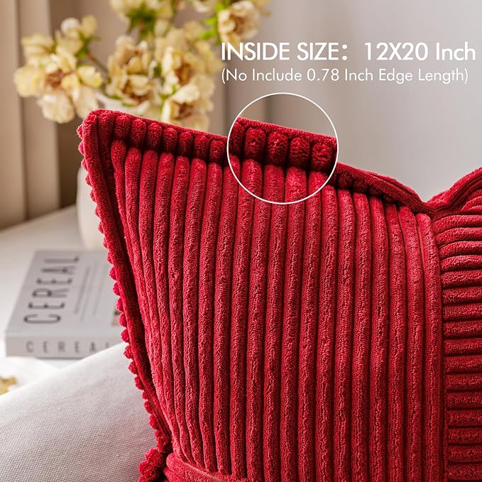 MIULEE Decorative Lumbar Throw Pillow Covers 12x20 Inch Red 2 Pack | Boho Broadside Striped Patchwork Pillow Covers, Soft Corduroy Cushion Cases, For Couch Sofa Bed Livingroom Home Decor