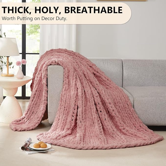 L'AGRATY Chunky Knit Throw Blanket for Couch, 80 x 90 Inches, Rose Pink | Handmade Chenille Crochet Blanket for Sofa Bed, Thick Cable Knitted Blankets for Room Home Decor, Birthday Gift for Women Mom