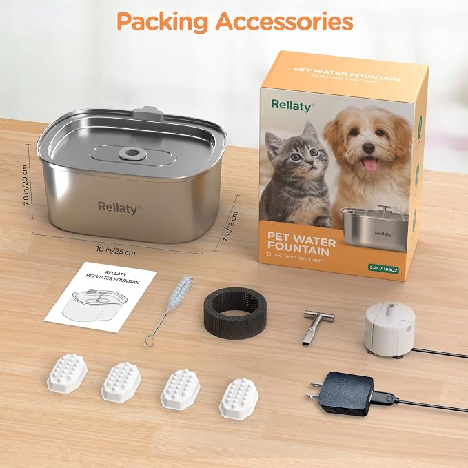 Cat Water Fountain Stainless Steel: Rellaty 3.2L/108oz Pet Water Fountain | Dog Drinking Fountains Cat Feeding & Watering Supplies Animal Metal Kitty Spout for Cats Inside with 4 Replacement Filters