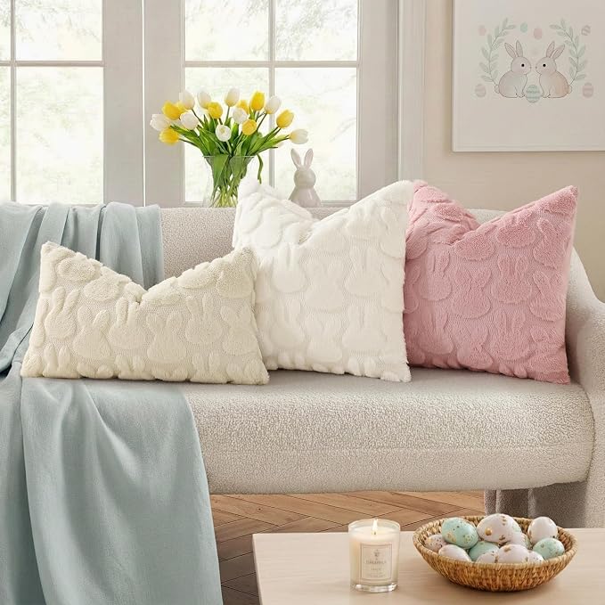 decorUhome Cream White Faux Fur Bunny Throw Pillow Covers 18x18 Set of 2 | Plush Soft Wool Jacquard Cream White Rabbit Cushion Covers, Modern Farmhouse Easter Holiday Decor PillowCases for Sofa Bed