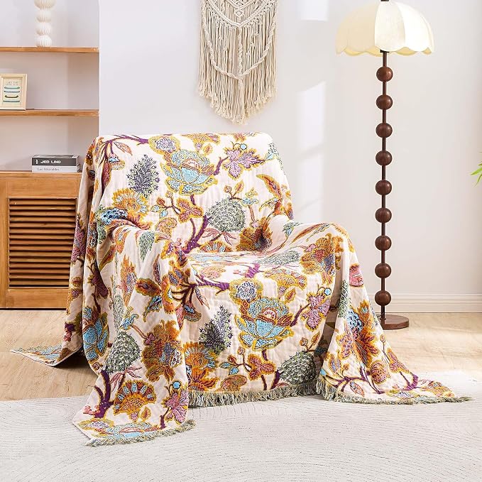 XIBLC Boho Throw Blanket for Bed, 100% Cotton Soft Rustic Quilt Fall Blanket, 60"x80" Floral Printed Farmhouse Decor Bed Blankets, All Season Rustic Reversible Bohemian Throw Quilt