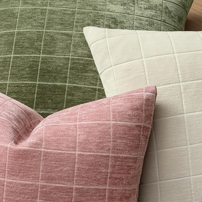 MIULEE Blush Pink Plaid Decorative Throw Pillow Covers 20x20 Set of 2 | Vintage, Check Chenille Couch Pillows, Neutral Boho Farmhouse Cushion Covers, Modern Home Decor for Sofa Bed Living Room