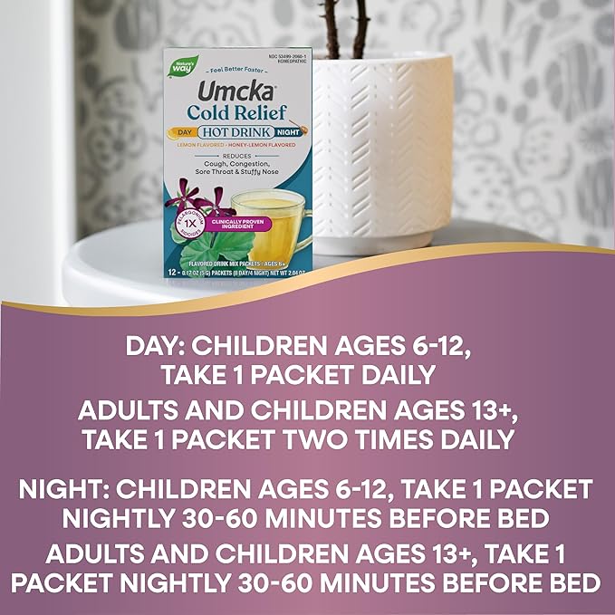 Nature's Way Umcka Cold Relief Hot Drink, Homeopathic, Clinically Proven Pelargonium Sidoides 1X, for Cough, Congestion, Sore Throat, Stuffy Nose, Day & Night Formula, 12 Packets (Packaging May Vary)
