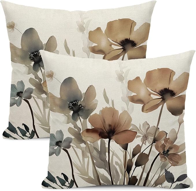 Spring Floral Pillow Covers 18x18 Inches Set of 2 Watercolor Brown Floral Throw Pillow Cover Outdoor Rustic Summer Flower Decor Pillowcase Farmhouse Decorative Linen Cushion Cover For Home Sofa