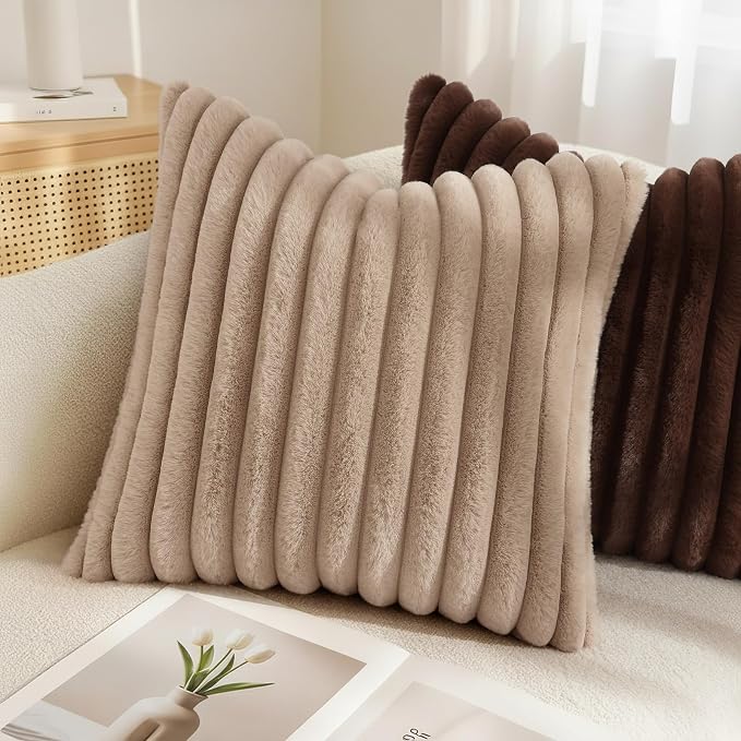 decorUhome Fall Faux Fur Throw Pillow Covers 22x22 Set of 2 Khaki Brown | Decorative Soft Cozy Striped Plush Modern Farmhouse Boho Couch Pillow Cases Velvet Back for Sofa Bed Living Room Home Decor