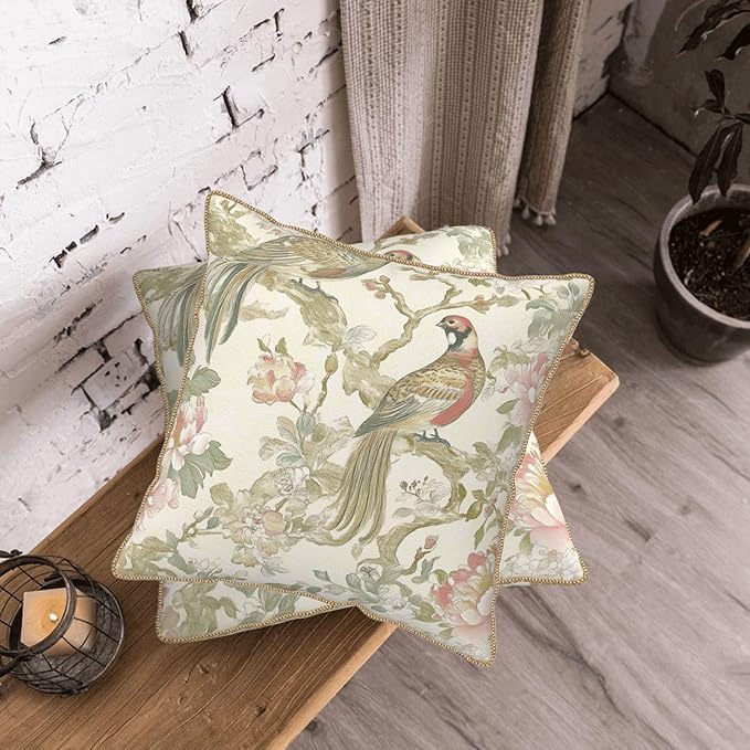 Vintage Bird Floral Soft Velvet Throw Pillow Covers Set of 2 Cream Chinoiserie Flowers Leaves Decorative Pillow Covers 20x20 Inch Retro Farmhouse Pillow Case With Gold Trim For Sofa Couch Home Decor