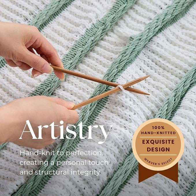 Boho Knitted Chenille Blanket with Tassels - Lightweight & Soft All-Season Throw - 3D Classic Pattern for Living Room Bedroom Couch, Sage Green(Striped), Twin 60"x80"