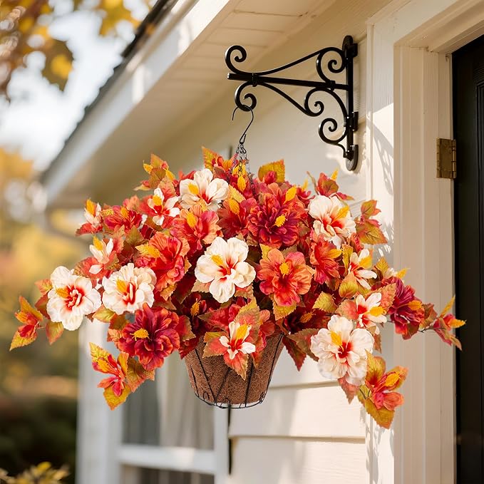 Artificial Fake Fall Hanging Flowers with Basket for Outdoors Decoration | 3PCS Faux Flowers for Outside Planters UV Resistant No Fade Silk Hibiscus for Home Porch Patio Garden Balcony Yard Decor