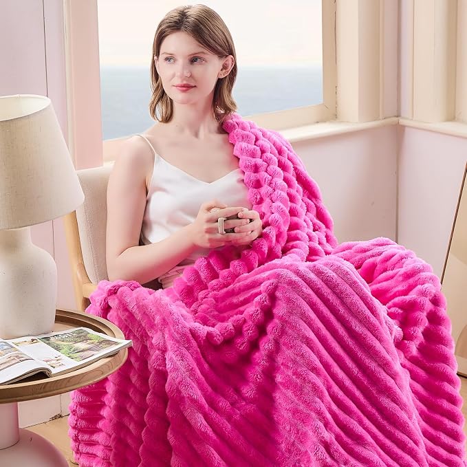 NEWCOSPLAY Fleece Ribbed Cozy Queen Blanket for Couch, Hot Pink, 90"x90" | Premium Silky Flannel Blanket, Soft Lightweight Fluffy Throw Blanket for Bed Sofa Decor, Gift for All Season Use