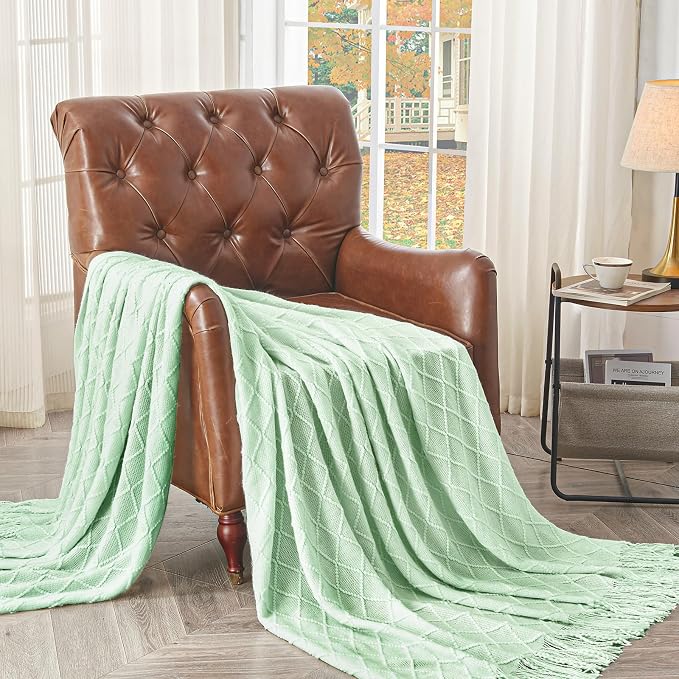 inhand Rouncy Mint Knitted Throw Blanket for Couch and Bed, 50"x60" | Soft Living Room Home Decor Knitted Blanket with Tassel, Outdoor Lightweight Breathable , Farmhouse Warm Woven Decorative