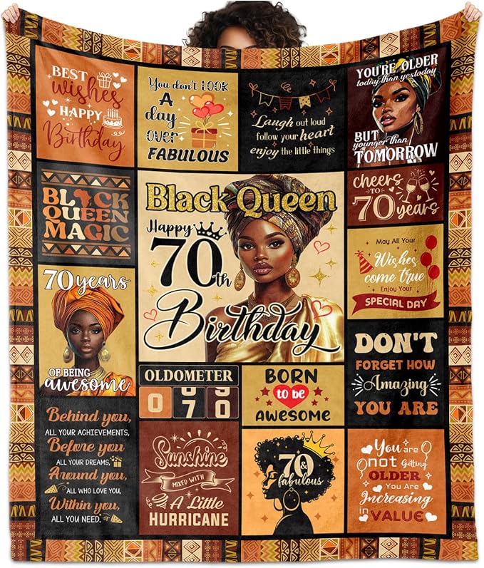 African American 70th Birthday Gifts for Women Blanket 60"X50", Encouragement Inspirational Bday Gift, 70 Year Old Birthday Gifts for Black Women Mom Lady Girl Friend