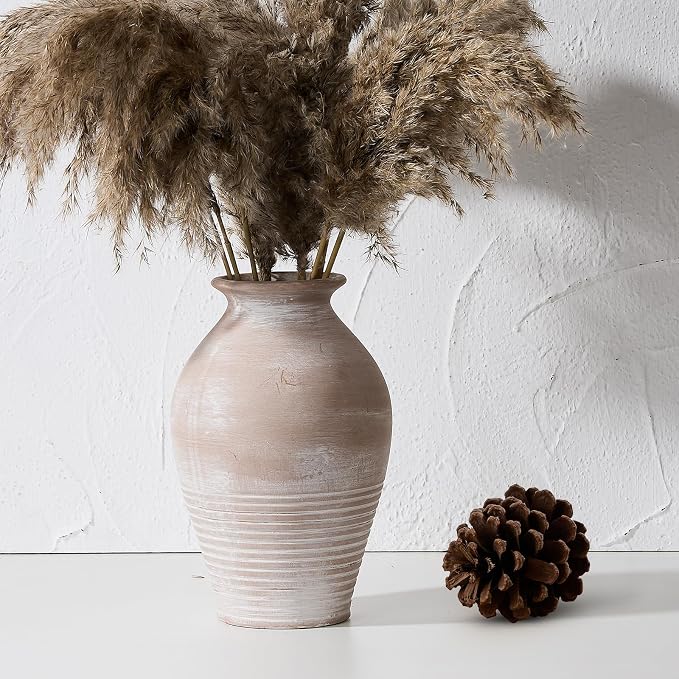 Ceramic Rustic Farmhouse Vase, 9.2 inch Whitewashed Terracotta Vase | Pottery Decorative Vases,Clay Decorative Vases for Home Decor, Table, Living Room, Shelf, Mantel Decoration(Terracotta)