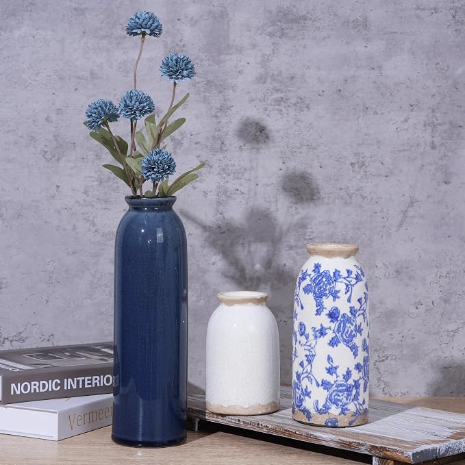 Vintage Ceramic Vase Set of 3, Blue and White Small Flower Vase Chinoiserie Rustic Modern Farmhouse Centerpiece Decorative Vases for Table Entryway Bookshelf Living Room Kitchen Home Decor