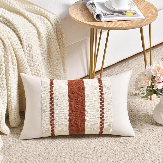 Fancy Homi Set of 2 Rust Boho Long Lumbar Decorative Throw Pillow Cover 14x24 Inch for Couch Bed Sofa, Aesthetic Modern Organic Fall Room Decor, Soft Cotton Cute Terracotta Farmhouse Cushion Case