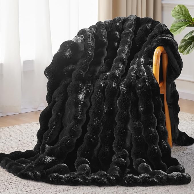 Anysay Faux Fur Throw Blanket,1000GSM Fluffy Soft Bubble Blanket 90''*104'' | Cozy Plush Warm and Thick Blanket for Couch Bed, Fuzzy Rabbit Throw for Living Room Bedroom Black