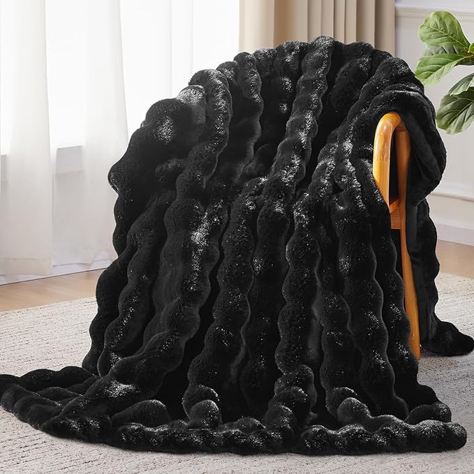 Anysay Faux Fur Throw Blanket, 1000GSM Fluffy Soft Bubble Blanket 60''*80'' | Cozy Plush Warm and Thick Blanket for Couch Bed, Fuzzy Rabbit Throw for Living Room Bedroom Blcack