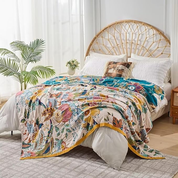 Boho Throw Blanket Farmhouse Decor Throw Blanket Bohemian Blanket for Bed 100% Cotton Muslin Woven Couch Blanket All Seasons Quilt Bedroom (C-Beige, 80"x90")