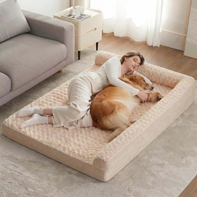 BFPETHOME Orthopedic Washable Dog Bed, Sleeping Couch for Large Senior Dogs | Deluxe Plush Rose Velvet Washable Cover, Egg Crate Foam Support, Waterproof Lining, Non-Slip Bottom, Senior Dogs