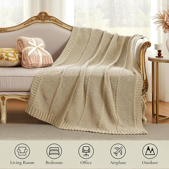 Knit Throw Blanket, Soft Chenille Cozy Breathable Chevron Chunky Decorative Blanket for Couch, Bed & Sofa, French-Inspired Lightweight Warm Gift for Women, Beige, 50"x60"