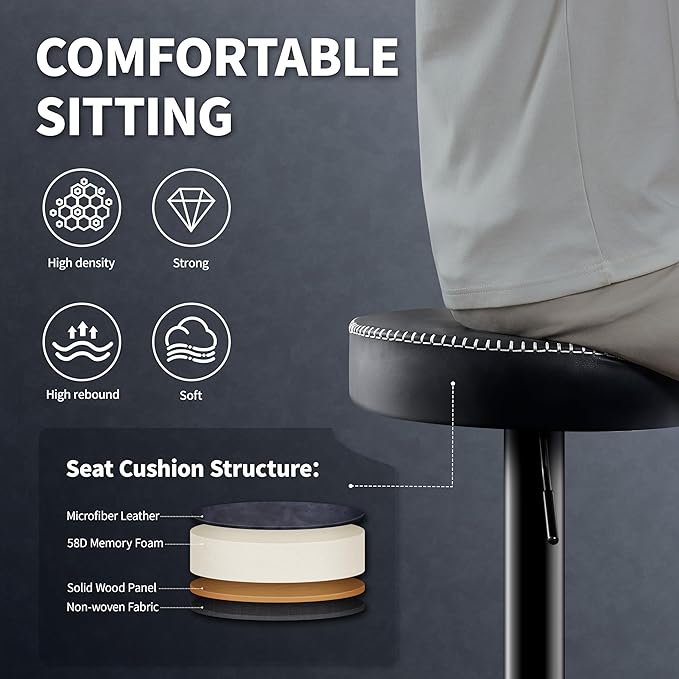 Swivel Bar Stools Set of 2 Black Microfiber Leather Counter Height Bar Stools with Round Seat Adjustable Backless Barstools Modern Tall Bar Chairs for Kitchen Island (24-33 Inch,330lbs)