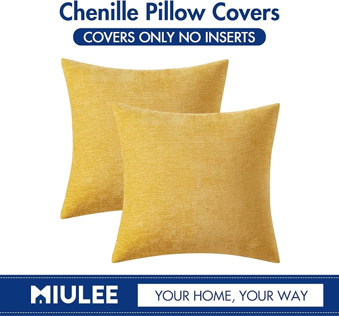 MIULEE Pack of 2 Mustard Yellow Decorative Pillow Covers 18x18 Inch | Soft Chenille Couch Throw Pillows Farmhouse Cushion Covers for Home Decor Sofa Bedroom Living Room