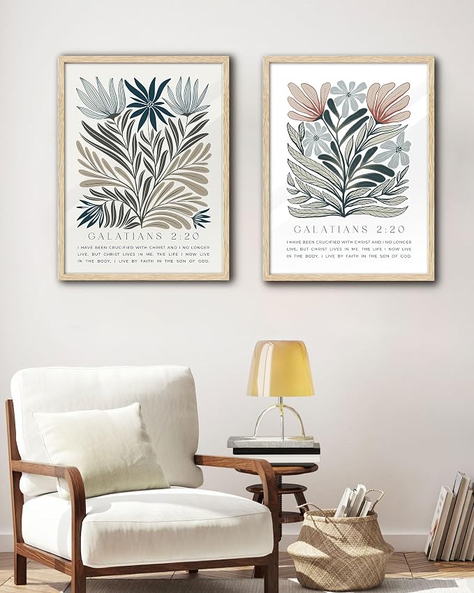 EcoHest 16x20 in Galatians 2:20 Botanical Floral Framed Christian Wall Art | Solid Oak Wood Frame with Canvas Wall Art, Nature Scripture Bible Verse Decor for Bedroom, Living Room, Office, Church, 1Pack