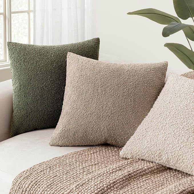Foindtower Set of 2, Decorative Textured Boucle Throw Pillow Covers Accent Solid Pillow Cases Neutral Cozy Couch Cushion Case for Chair Sofa Bedroom Living Room Home Decor 26x26 Inch Light Khaki Tan