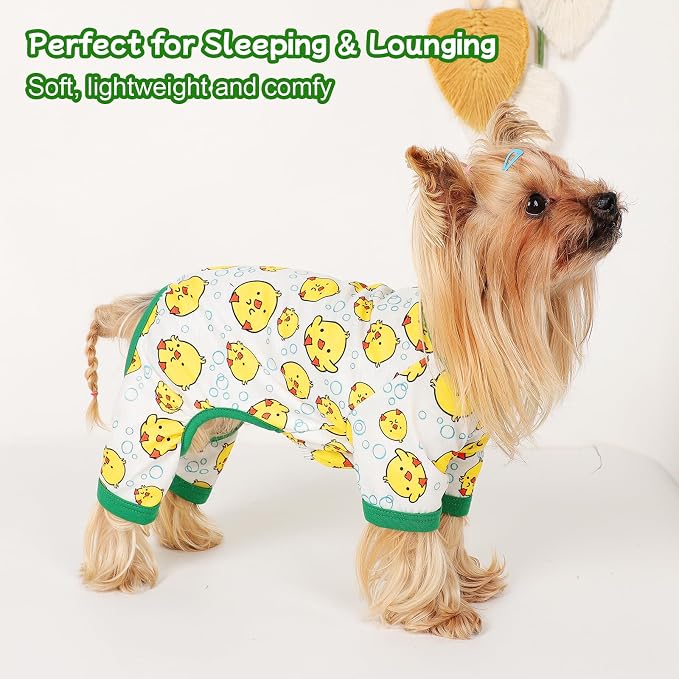 DaFuEn Dog Pajamas for Small Dogs, Soft Stretchy 4 Legs Puppy Jumpsuit, All Season Cozy Pet PJs for Chihuahua Yorkie Teacup Dogs, Cat Clothes (Yellow Bird, S)