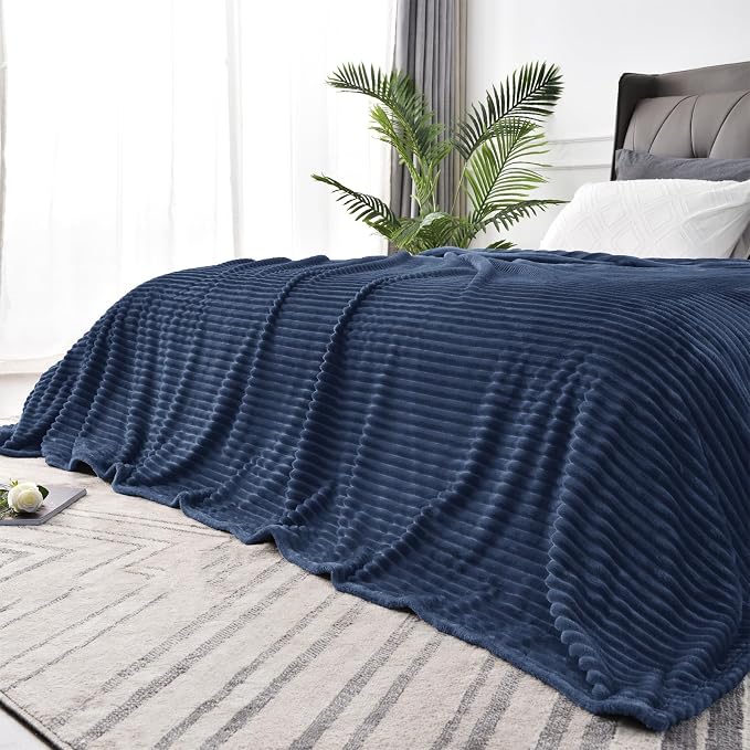 BEDELITE 3D Ribbed Jacquard Navy King Size Blankets for Bed, 108x90 Inch | Soft Warm Decorative Fluffy Blanket, Cozy Fuzzy Lightweight Plush Fleece Throw Blankets for Bed, Room Decor, Gift for Women