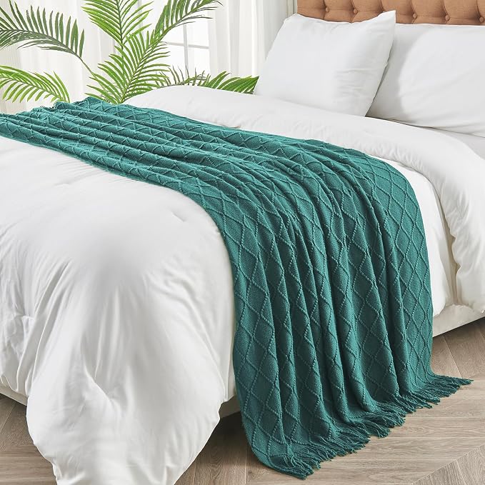 inhand Blue Knitted Throw Blanket for Couch and Bed, 60"x80" | Soft Cozy Knit Blanket with Tassel, Lightweight Decorative Blankets and Throws, Farmhouse Warm Woven for Men and Women