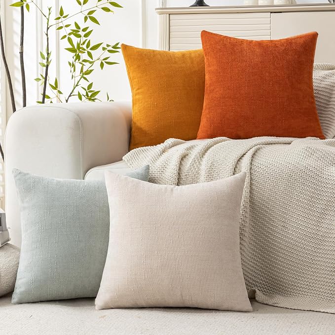 Set of 4 Soft Textured Decorative Throw Pillow Covers 24x24 Inch Cozy Farmhouse Cushion Cover Square Accent Pillow Cases for Bed Couch Sofa Living Room, Beige Aqua Burnt Orange