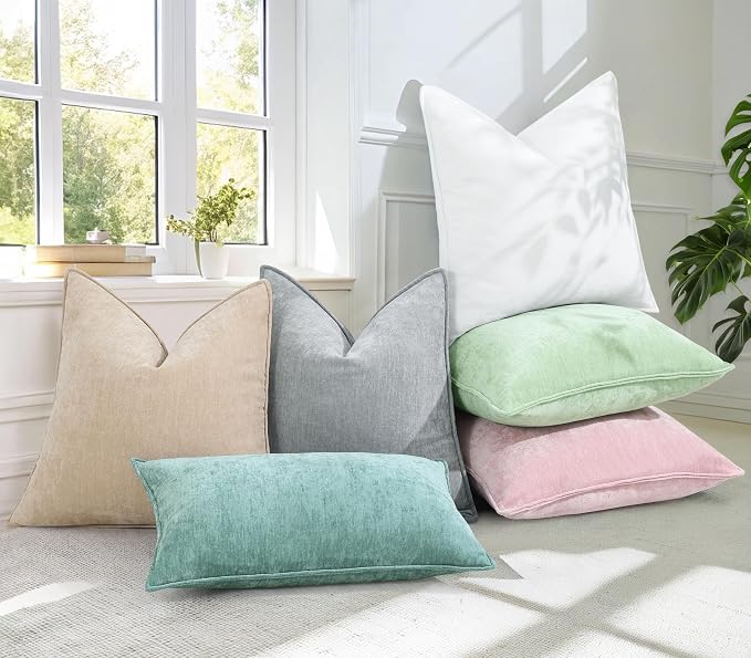 decorUhome Spring Couch Throw Pillow Covers 18x18 Set of 2, Decorative Soft Velvet Neutral Chenille Pillow Covers with Elegant Design for Sofa Bed Living Room Home Decor, Beige (Pack of 2)