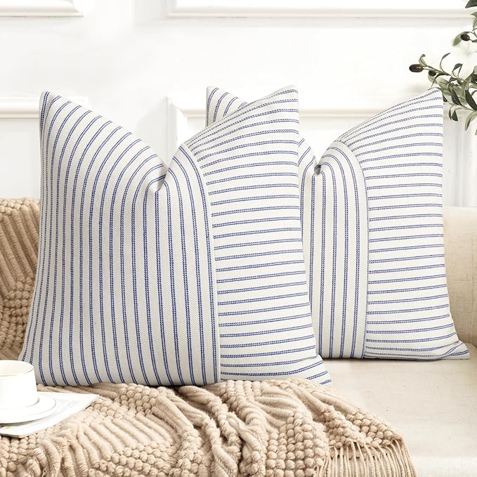 YCOLL Farmhouse Euro Sham Pillow Covers 24x24, Modern Throw Pillow Covers Set of 2, Blue and Beige Striped Patchwork Linen Decorative Pillows Cushion Covers for Bed Sofa Couch Living Room Home Decor