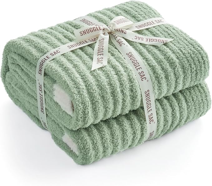 Snuggle Sac Spring Throw Blanket for Couch Sage Green, Microfiber Knit Throws for Sofa, Soft Luxurious Fuzzy Warm Blankets for Sofa, Bed, Travel, Sage Green, 50x60 inches
