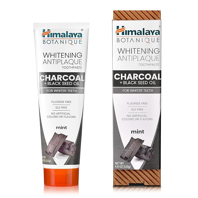 Himalaya Botanique Whitening Antiplaque Toothpaste with Charcoal + Black Seed Oil, Fluoride Free, for Whiter Teeth, 4 oz, 4 Pack