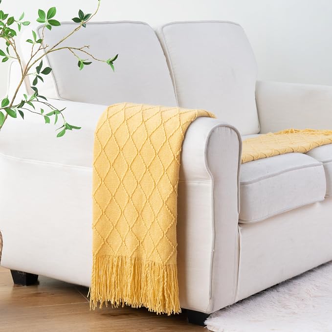 BATTILO HOME Mustard Throw Blanket with Fringe Geometric Bed Gold Yellow Throws Breathable Decorative Large Throw for Couch Sofa Indoor Outdoor (Mustard, 50"x60")