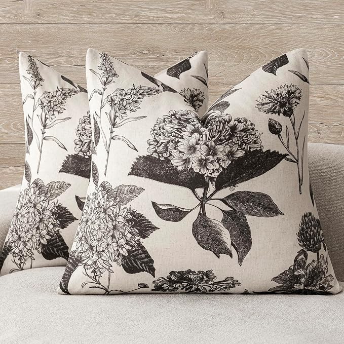 Foindtower Set of 2 Linen Floral Vintage Throw Pillow Covers Neutral Accent Print Decorative Cushion Covers Farmhouse Boho Home Decor for Sofa Chair Couch Bedroom Living Room,20×20 Inch,Black