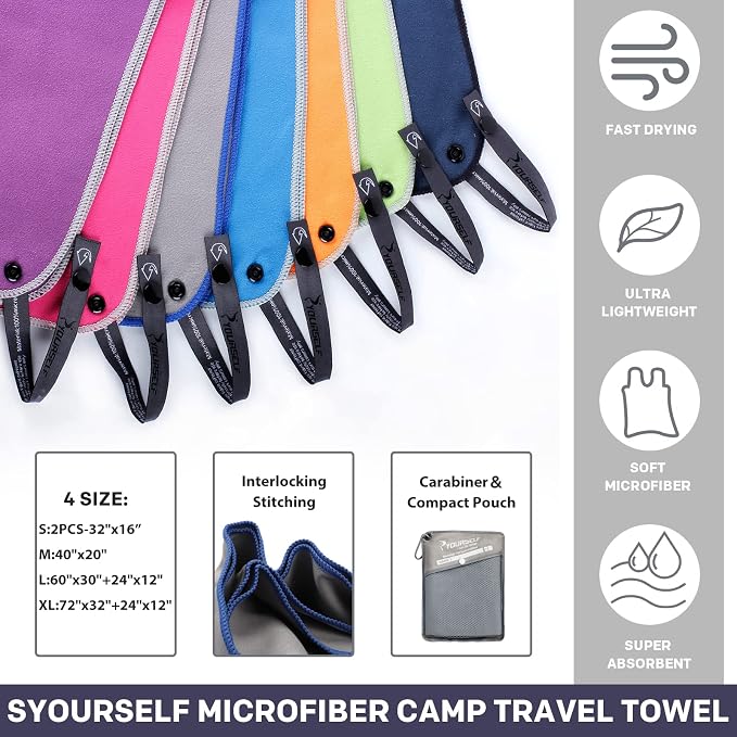 SYOURSELF 2 Pack Microfiber Camping Towel, Quick Dry Towel, Soft Absorbent Compact Travel Gym Workout Sweat Towel for Beach Yoga Swim Travel Camping Hiking Backpack Essentials (XL:72"x32"+12"x24")