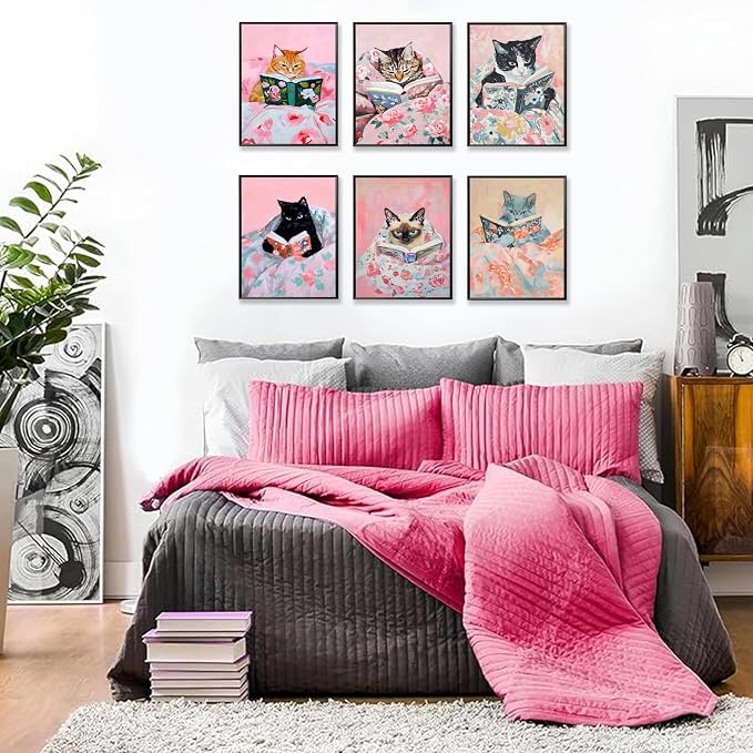 Cute Cat Reading Poster Set of 6 Funny Black Cat Book Lover Canvas Wall Art, Whimsical Animal Wall Decor Painting Prints Aesthetic for Nursery Kids Boby Room Bedroom Unframed 12x16 inch