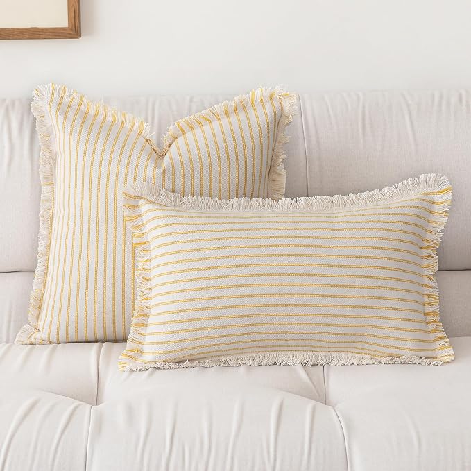 YEENAASY Throw Pillow Covers 18x18 Boho Striped Pillow Cases with Tassel | Set of 2 Fringe Pillow Cover Farmhouse Cushion Covers Neutral Pillows Decorative Square Pillowcase for Couch Sofa Bed, Yellow