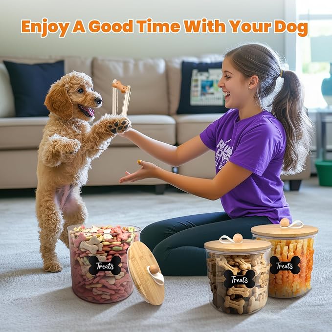 HOYTAMDAR 3 Pack Airtight Dog Treat Containers Bamboo Lids, Dog Treat Jars