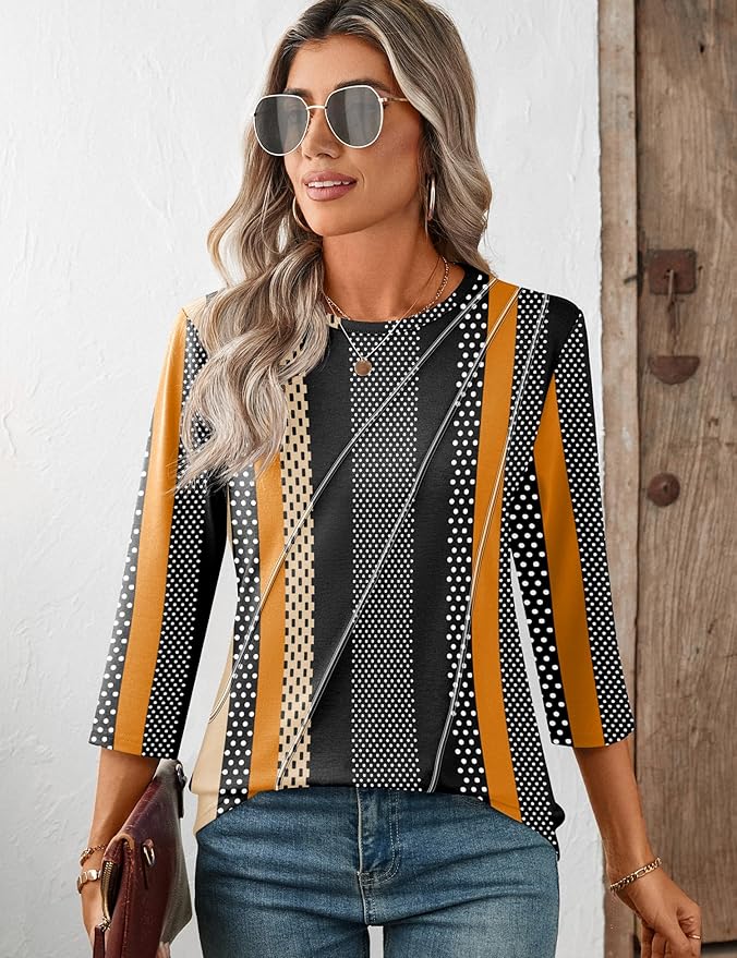 LOMON 3/4 Length Sleeve Womens Tops Spring Summer Fashion 2026 Tops Crew Neck Pleated Shirts Tunic Top Loose Fit