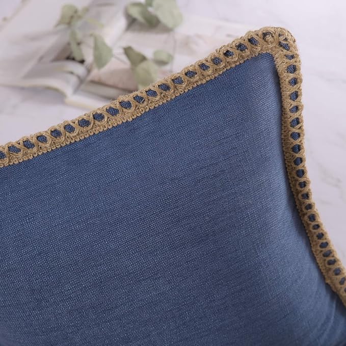 Phantoscope Farmhouse Solid Throw Decorative Pillow Cover Burlap Linen Trimmed Tailored Edges Outdoor Pillow Navy Blue 18 x 18 inches, 45 x 45 cm