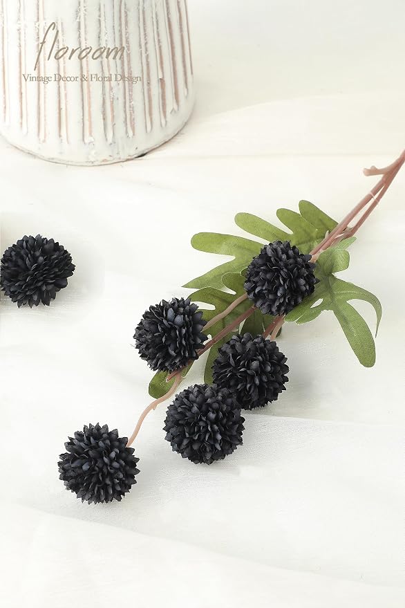 5pcs Black Faux Silk Mums Artificial Flowers, Bulk Fake Small Mini Chrysanthemums with Stems for DIY Wedding Centerpieces Floral Arrangements Vase Fillers Home Decorations